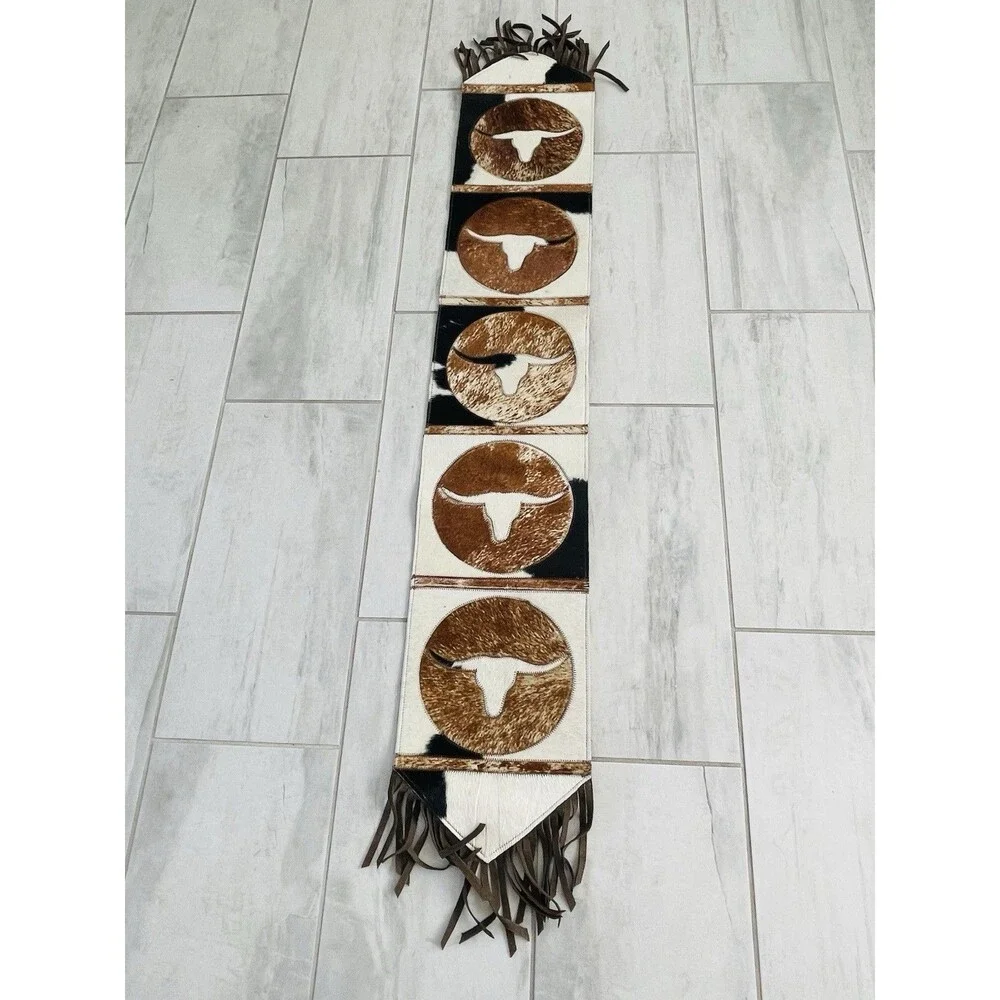 Dekoland Cowhide Leather Table Runner 66x11 Hair On Hide Patchwork Fringe Brazil